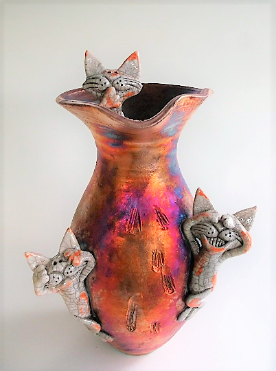Raku Cat Vase by Round Tree Pottery